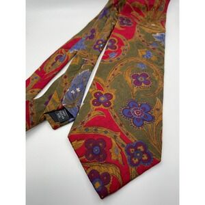 Villa Bugatti Mens Silk Tie Italian Floral Paisley Olive Green Red Blue Gold